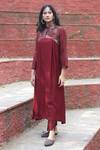 Buy_Chambray & Co._Maroon Vegan Silk Mandarin Collar Kurta And Pant Set_at_Aza_Fashions