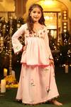 Buy_Cute Couture_Peach Cotton, Poplin Embroidery Floral Embellished Peplum Top And Lehenga Set _at_Aza_Fashions