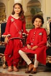 Cute Couture_Red Cotton, Poplin Beads, Lace, Embroidery Asymmetric Kurta And Dhoti Pant Set _Online_at_Aza_Fashions