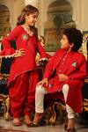 Buy_Cute Couture_Red Cotton, Poplin Beads, Lace, Embroidery Asymmetric Kurta And Dhoti Pant Set _Online_at_Aza_Fashions