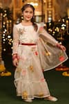 CUTE COUTURE_White Poplin Cotton Painted And Embroidered Floral Ruffle Saree With Blouse _Online_at_Aza_Fashions