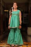 Shop_Cute Couture_Green Poplin, Cotton Embroidery Floral Embellished Kurta And Sharara Set _at_Aza_Fashions