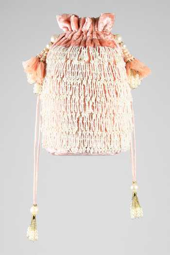 Buy_ClutcH'D_Peach Pearls, Tassels Embroidered Velvet Potli Bag _at_Aza_Fashions