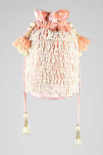 Shop_ClutcH'D_Peach Pearls, Tassels Embroidered Velvet Potli Bag _at_Aza_Fashions