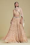 Buy_Cherie D_Peach Silk, Tulle Leaf Neck Embroidered Bridal Lehenga Set _at_Aza_Fashions