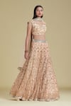 Cherie D_Peach Silk, Tulle Leaf Neck Embroidered Bridal Lehenga Set _Online_at_Aza_Fashions