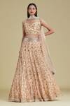 Buy_Cherie D_Peach Silk, Tulle Leaf Neck Embroidered Bridal Lehenga Set _Online_at_Aza_Fashions