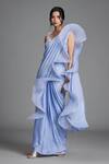 Cherie D_Blue Organza, Tulle, Satin V Neck Pre-draped Ruffle Saree With Blouse _Online_at_Aza_Fashions