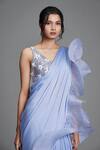 Buy_Cherie D_Blue Organza, Tulle, Satin V Neck Pre-draped Ruffle Saree With Blouse _Online_at_Aza_Fashions