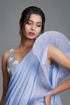 Shop_Cherie D_Blue Organza, Tulle, Satin V Neck Pre-draped Ruffle Saree With Blouse _Online_at_Aza_Fashions