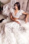Shop Cherie D White Silk, Tulle, Satin V Neck Embroidered Ruffle Lehenga Set Online at Aza Fashions Shop_Cherie D_White Silk, Tulle, Satin V Neck Embroidered Ruffle Lehenga Set _Online_at_Aza_Fashions