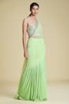 Cherie D_Green Silk, Tulle, Satin Sweetheart Neck Pre-draped Saree With Blouse _Online_at_Aza_Fashions