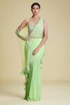 Buy_Cherie D_Green Silk, Tulle, Satin Sweetheart Neck Pre-draped Saree With Blouse _Online_at_Aza_Fashions