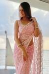 Shop_Mulmul_Pink Net Embroidered Saree With Unstitched Blouse Fabric_at_Aza_Fashions