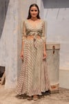 Buy_Apeksha Jain Label_Green Chiffon Printed Striped V Neck Crop Top And Skirt Set _at_Aza_Fashions