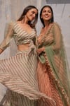 Buy_Apeksha Jain Label_Green Chiffon Printed Striped V Neck Crop Top And Skirt Set _Online_at_Aza_Fashions
