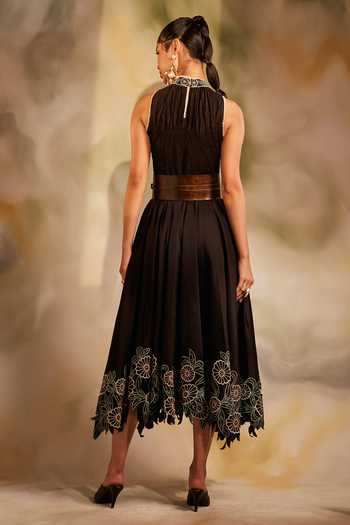 Shop_Chandrima_Brown Chanderi Band Collar Asymmetric Dress _at_Aza_Fashions