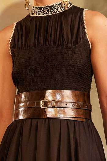 Buy_Chandrima_Brown Chanderi Band Collar Asymmetric Dress _Online_at_Aza_Fashions