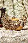 Buy_NR By Nidhi Rathi_Gold Hand Embroidered Bird Embellished Clutch Bag_at_Aza_Fashions