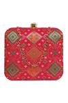 Shop_NR By Nidhi Rathi_Coral Printed Banarasi Geometric Clutch Bag_at_Aza_Fashions