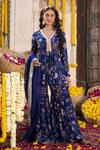 Buy_Chhavvi Aggarwal_Blue Organza, Crepe Floral Motifs, Sequin Work, Dabka V Print Kurta Sharara Set_at_Aza_Fashions