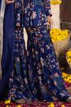 Chhavvi Aggarwal_Blue Organza, Crepe Floral Motifs, Sequin Work, Dabka V Print Kurta Sharara Set_at_Aza_Fashions