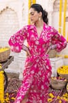 Chhavvi Aggarwal_Pink Crepe Printed Floral Motifs Shirt Collar Draped Dress _Online_at_Aza_Fashions