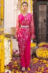 Buy_Chhavvi Aggarwal_Pink Crepe Printed Floral Motifs V Neck Pre-draped Saree Set _at_Aza_Fashions