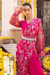 Chhavvi Aggarwal_Pink Crepe Printed Floral Motifs V Neck Pre-draped Saree Set _Online_at_Aza_Fashions