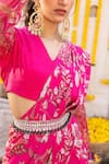 Buy_Chhavvi Aggarwal_Pink Crepe Printed Floral Motifs V Neck Pre-draped Saree Set _Online_at_Aza_Fashions