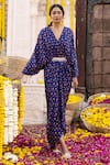 Buy_Chhavvi Aggarwal_Blue Crepe Printed Floral Motifs V Neck Maxi Dress _at_Aza_Fashions