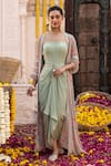 Buy_Chhavvi Aggarwal_Green Organza, Crepe Floral Motifs, Sequin Work Draped With Print Jacket _at_Aza_Fashions
