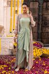 Chhavvi Aggarwal_Green Organza, Crepe Floral Motifs, Sequin Work Draped With Print Jacket _Online_at_Aza_Fashions