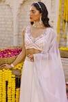 Shop_Chhavvi Aggarwal_Peach Georgette Embroidered Dabka V Neck Bridal Lehenga Set _Online_at_Aza_Fashions