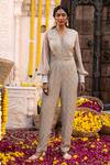 Buy_Chhavvi Aggarwal_Green Crepe Floral Motifs, Sequin Work, Beads V Neck Print Jumpsuit_at_Aza_Fashions