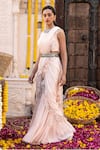Chhavvi Aggarwal_Peach Georgette Printed Floral Motifs Round Pre-draped Sharara Saree Set_Online_at_Aza_Fashions