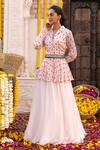 Buy_Chhavvi Aggarwal_Peach Crepe, Georgette Floral Motifs, Sequin Work, Printed Jacket And Lehenga Set _at_Aza_Fashions
