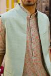 Buy_Chhavvi Aggarwal_Green Raw Silk Band Collar Bundi_Online_at_Aza_Fashions