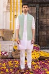 Buy_Chhavvi Aggarwal_Peach Matka Silk Band Collar Jacket And Kurta Set _at_Aza_Fashions