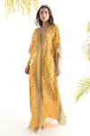 Buy_Chhavvi Aggarwal_Yellow Crepe Tribal Print V Neck Kaftan_at_Aza_Fashions