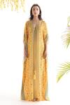 Chhavvi Aggarwal_Yellow Crepe Tribal Print V Neck Kaftan_Online_at_Aza_Fashions
