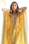 Buy_Chhavvi Aggarwal_Yellow Crepe Tribal Print V Neck Kaftan_Online_at_Aza_Fashions