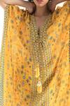Chhavvi Aggarwal_Yellow Crepe Tribal Print V Neck Kaftan_at_Aza_Fashions