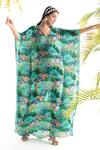 Chhavvi Aggarwal_Blue Crepe Jungle Print V Neck Kaftan_Online_at_Aza_Fashions