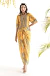 Buy_Chhavvi Aggarwal_Yellow Crepe Draped Shirt Dress_at_Aza_Fashions