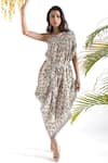 Buy_Chhavvi Aggarwal_White Crepe Geometric Print One Shoulder Cowl Dress With Belt_Online_at_Aza_Fashions