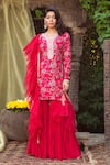 Buy_Chhavvi Aggarwal_Red Organza, Crepe, Georgette Notched Round Neck Printed Kurta Sharara Set _at_Aza_Fashions