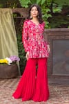 Buy_Chhavvi Aggarwal_Red Crepe V Neck Printed Peplum Top And Sharara Set _at_Aza_Fashions