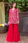 Chhavvi Aggarwal_Red Crepe V Neck Printed Peplum Top And Sharara Set _Online_at_Aza_Fashions