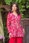 Buy_Chhavvi Aggarwal_Red Crepe V Neck Printed Peplum Top And Sharara Set _Online_at_Aza_Fashions